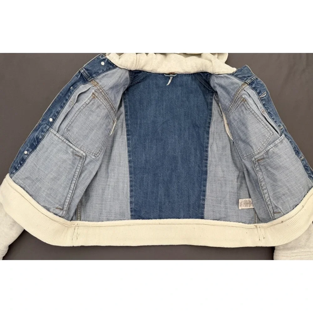 Free People Jacket Womens Size Large Blue Denim Knit Hooded Layered Jean Boho - Picture 8 of 12